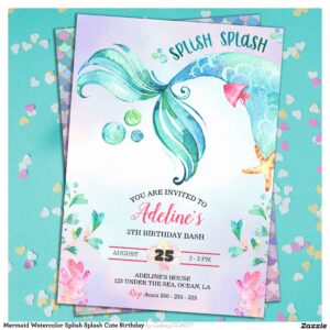 Mermaid Watercolor Splish Splash Cute Birthday Invitation