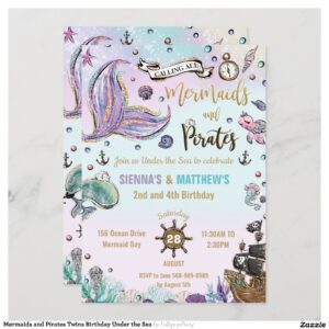 Mermaids and Pirates Twins Birthday Under the Sea Invitation