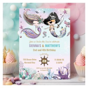 Mermaids and Pirates Twins Siblings Joint Birthday Invitation