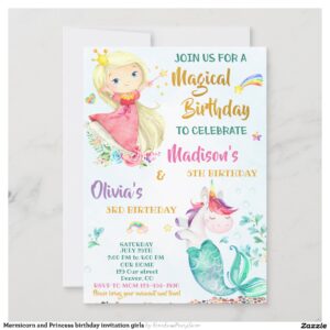 Mermicorn and Princess birthday invitation girls