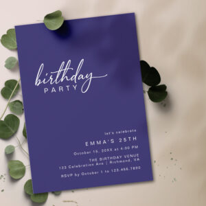 Midnight Blue Indigo Simple Casual Modern Birthday Invitation
