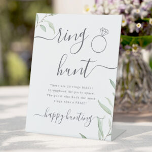 Minimal greenery ring hunt bridal shower game sign