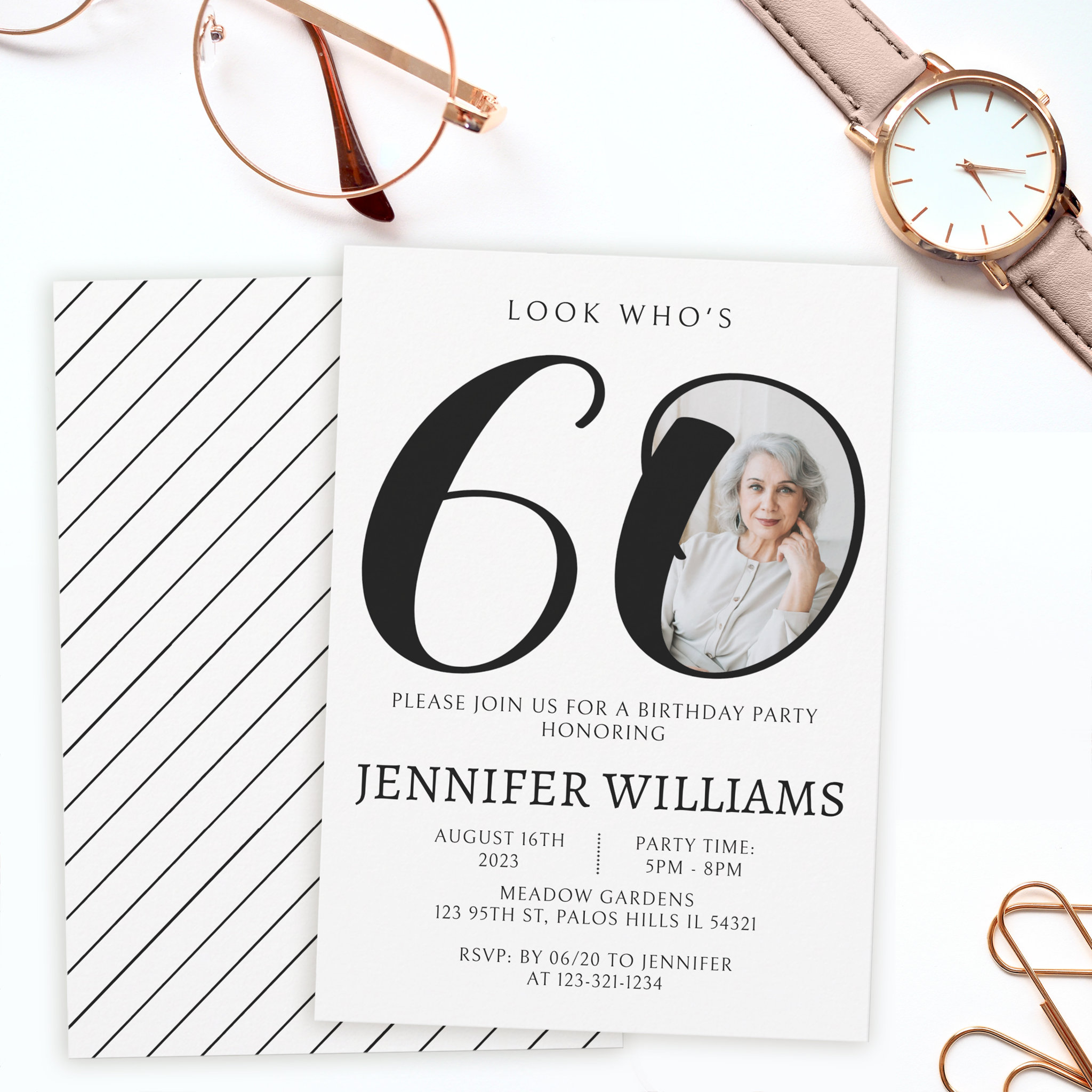 Minimalist black white 60th birthday photo invitation