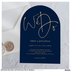 Minimalist Navy Blue and Gold Script We Do Wedding Acrylic Invitations
