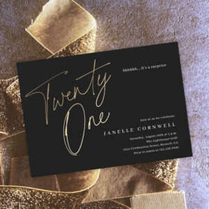 Minimalist Script Black and Gold 21st Birthday Invitation