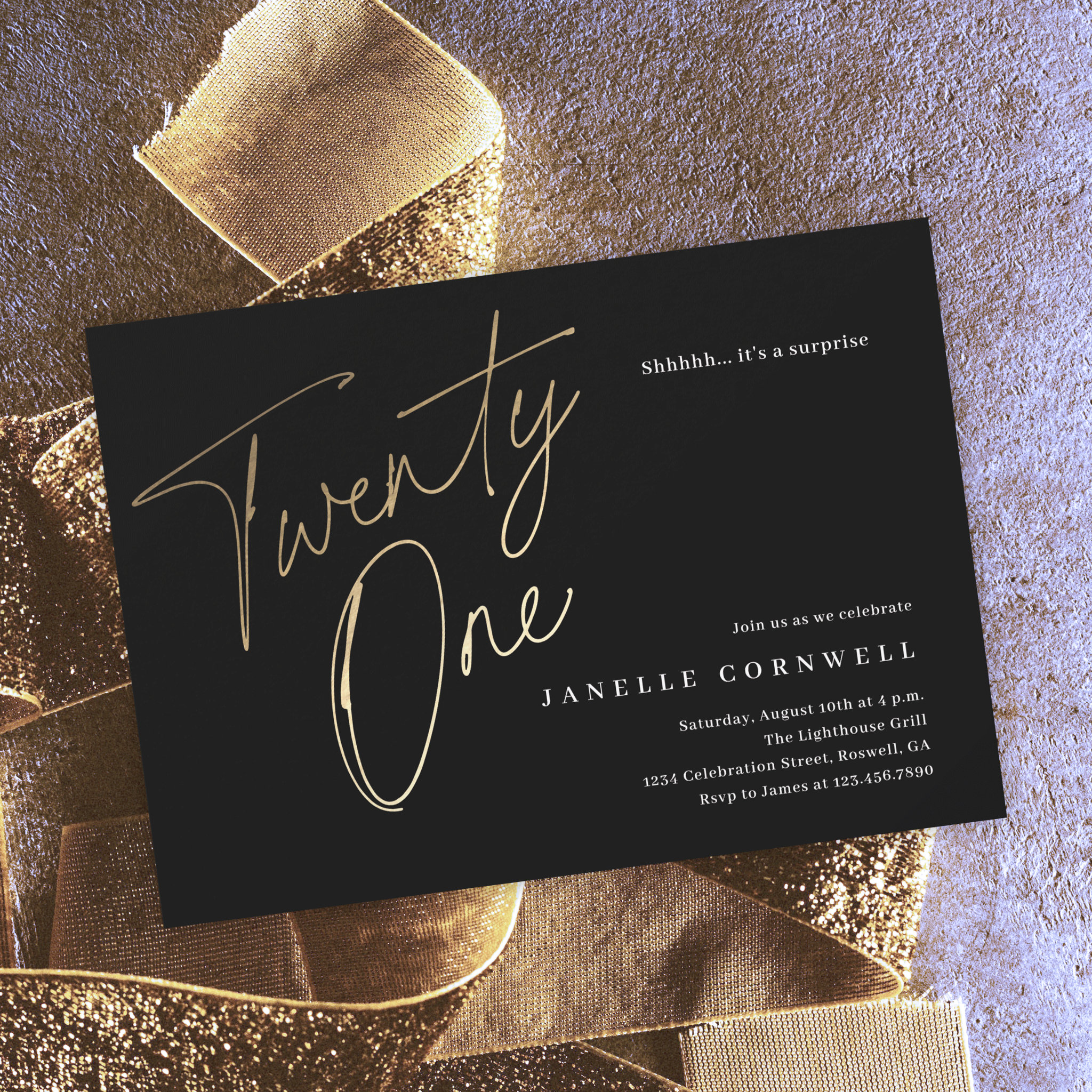 Minimalist Script Black and Gold 21st Birthday Invitation