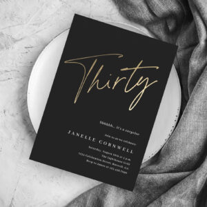 Minimalist Script Black and Gold 30th Birthday Invitation