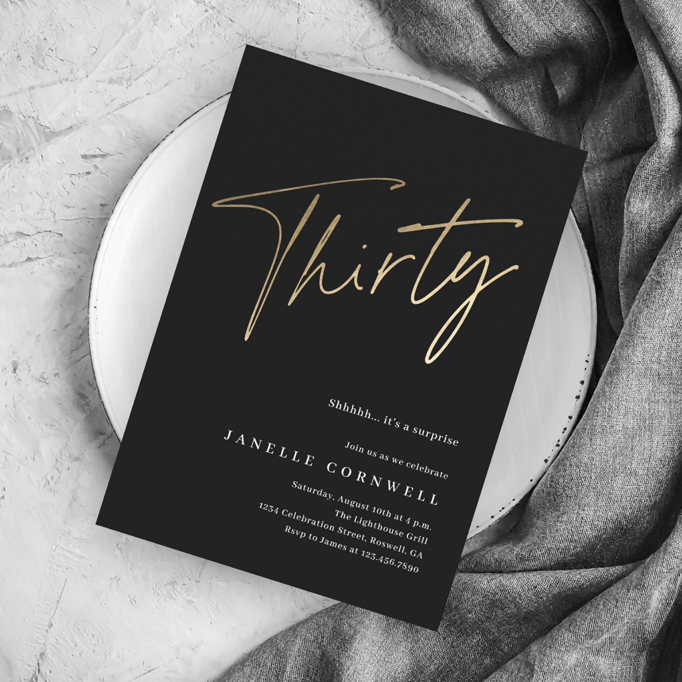 Minimalist Script Black and Gold 30th Birthday Invitation