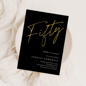 Minimalist Script Black and Gold 50th Birthday  Foil Invitation