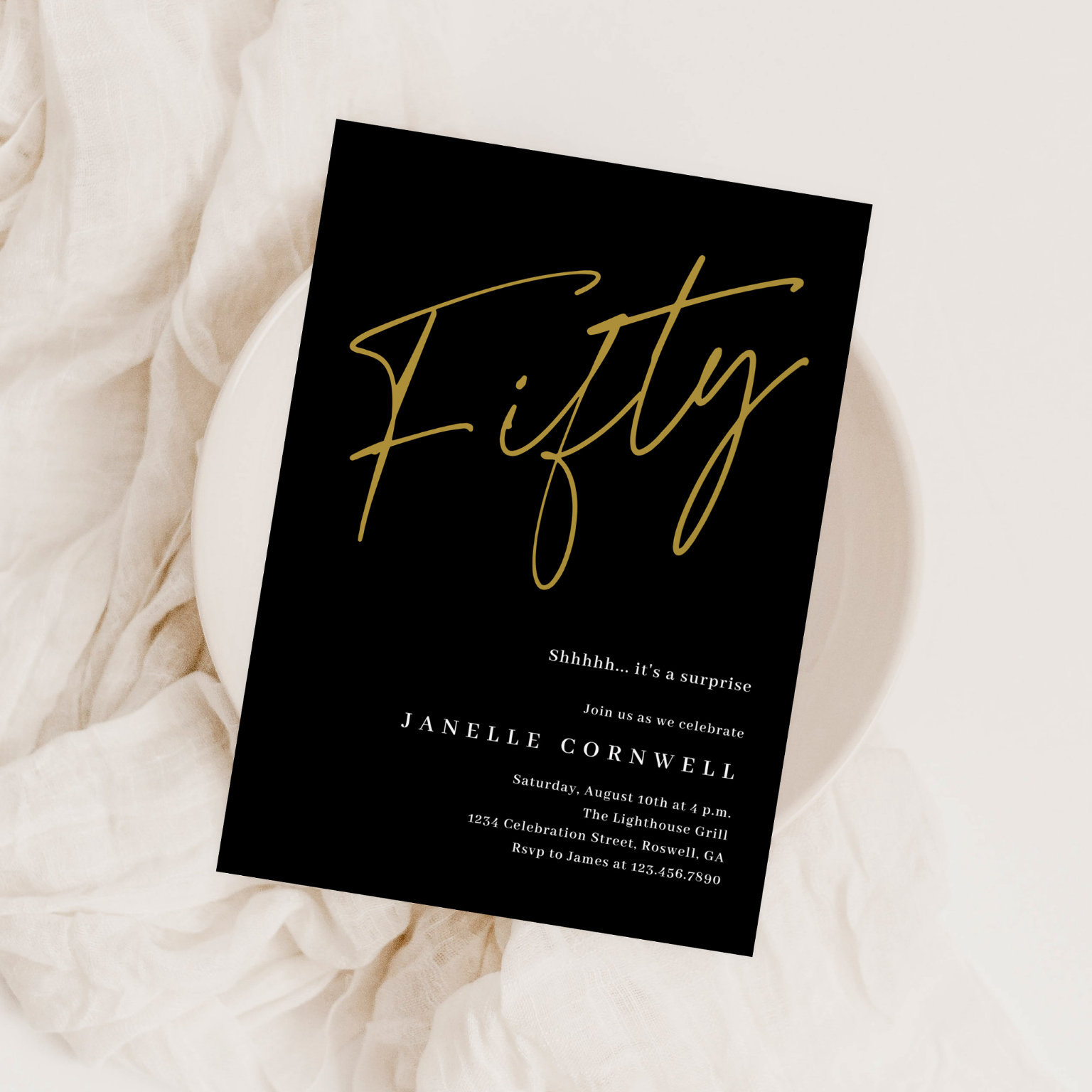 Minimalist Script Black and Gold 50th Birthday  Foil Invitation