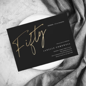 Minimalist Script Black and Gold 50th Birthday Invitation