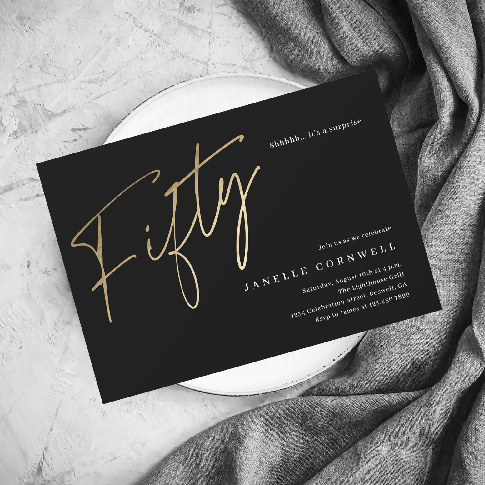 Minimalist Script Black and Gold 50th Birthday Invitation