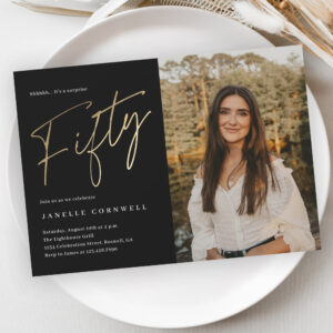 Minimalist Script Black and Gold 50th Birthday Invitation