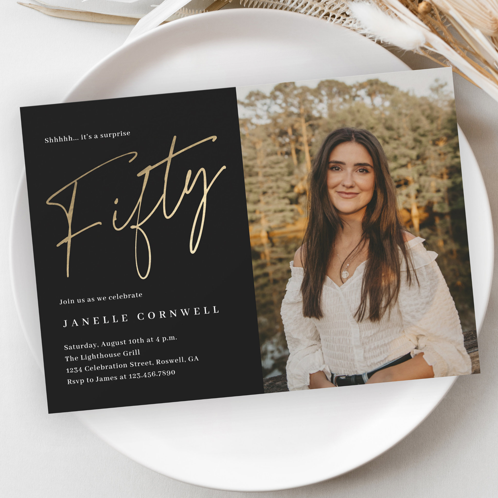 Minimalist Script Black and Gold 50th Birthday Invitation