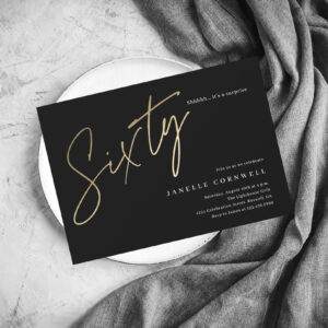 Minimalist Script Black and Gold 60th Birthday Invitation