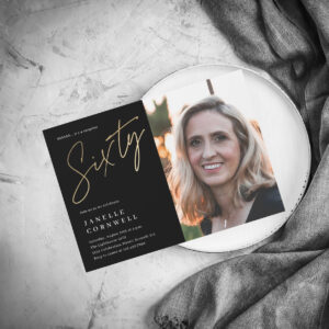 Minimalist Script Black and Gold 60th Photo Invitation