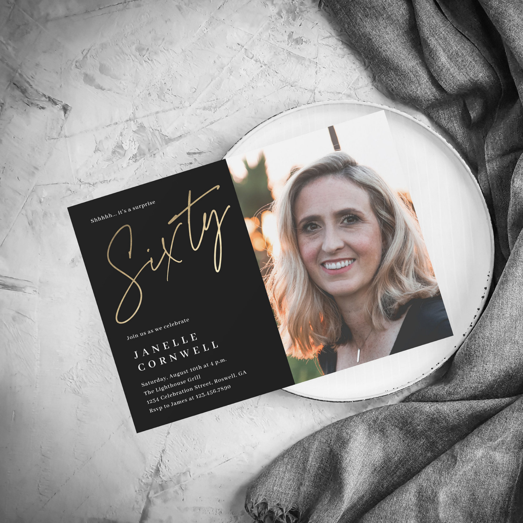 Minimalist Script Black and Gold 60th Photo Invitation
