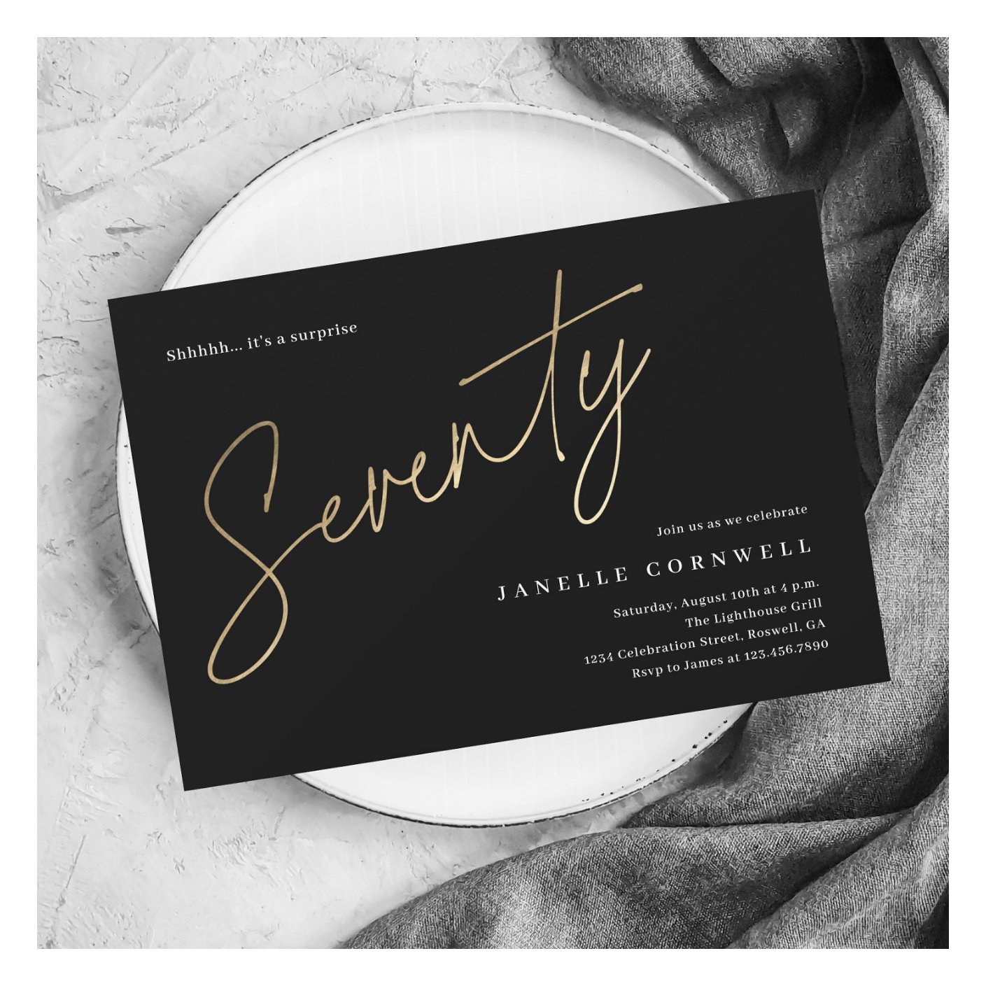 Minimalist Script Black and Gold 70th Birthday Invitation