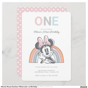 Minnie Mouse Rainbow Watercolor 1st Birthday  Invitation
