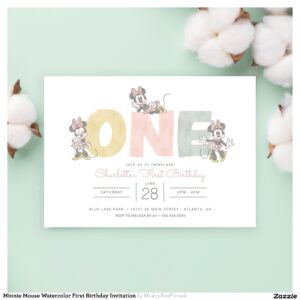 Minnie Mouse Watercolor First Birthday Invitation