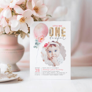 Miss Onederful Pink Balloon 1st Birthday Photo Invitation