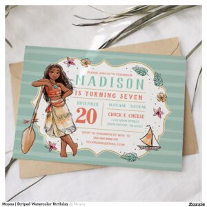 Moana   Striped Watercolor Birthday Invitation
