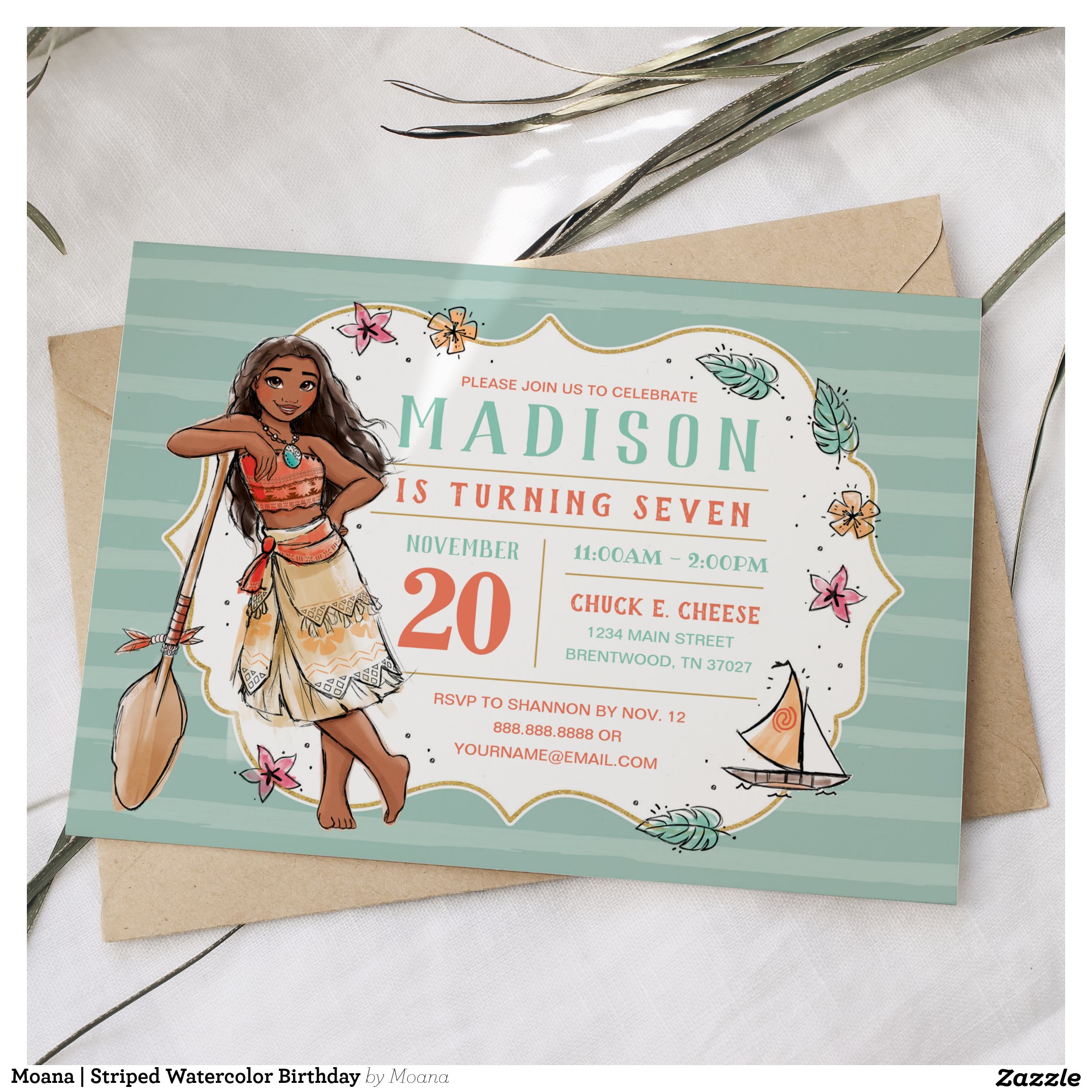 Moana   Striped Watercolor Birthday Invitation