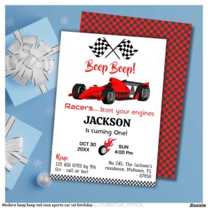 Modern beep beep red race sports car 1st birthday invitation