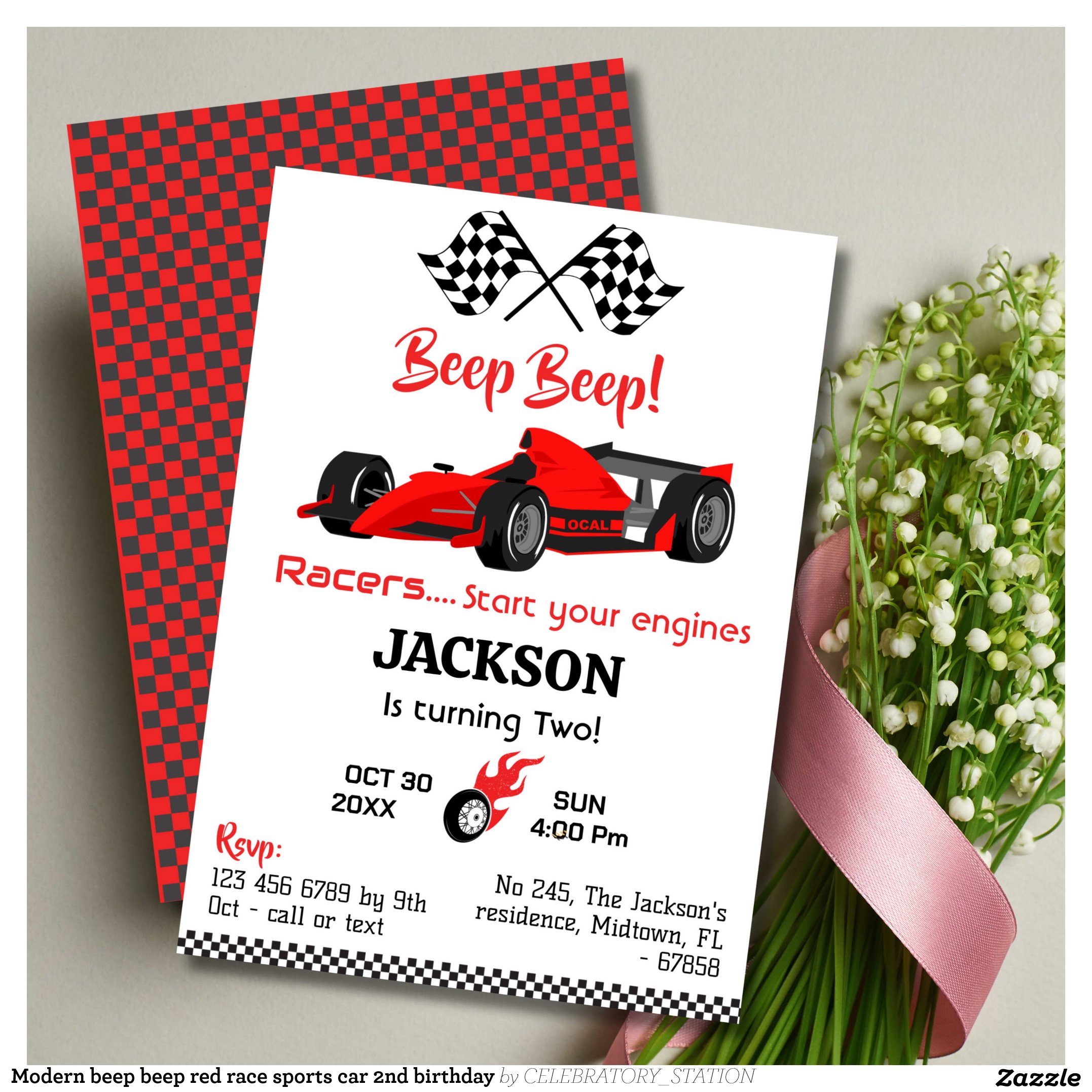 Modern beep beep red race sports car 2nd birthday invitation