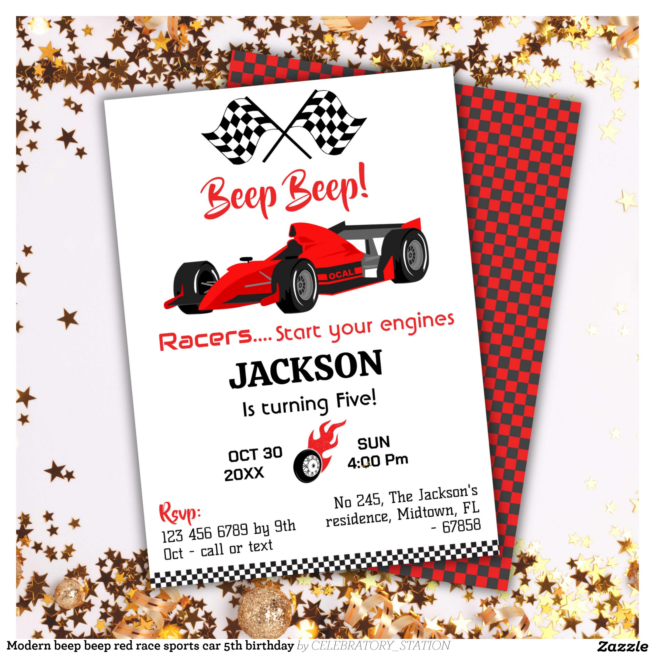 Modern beep beep red race sports car 5th birthday invitation