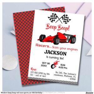 Modern beep beep red race sports car 6th birthday invitation