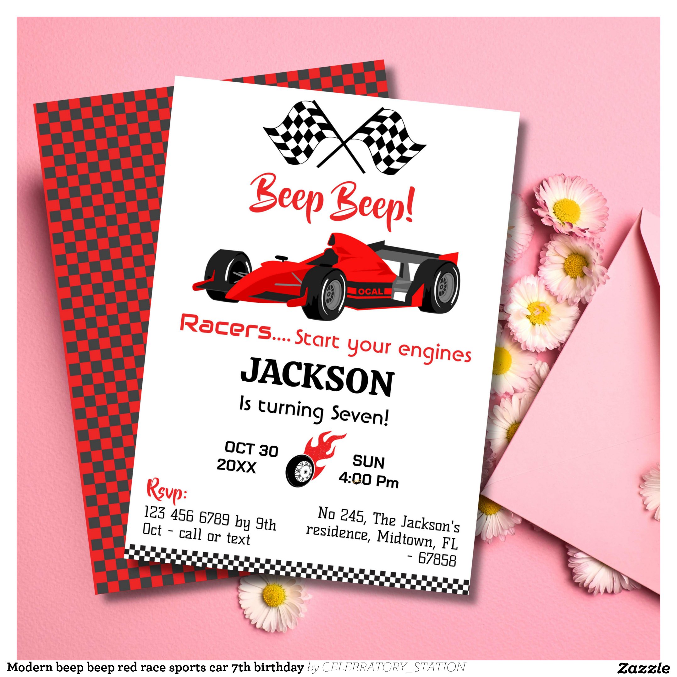 Modern beep beep red race sports car 7th birthday invitation
