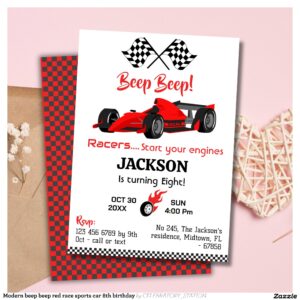 Modern beep beep red race sports car 8th birthday invitation