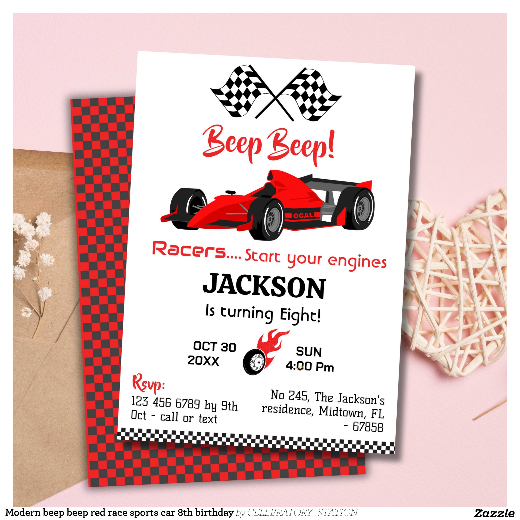 Modern beep beep red race sports car 8th birthday invitation