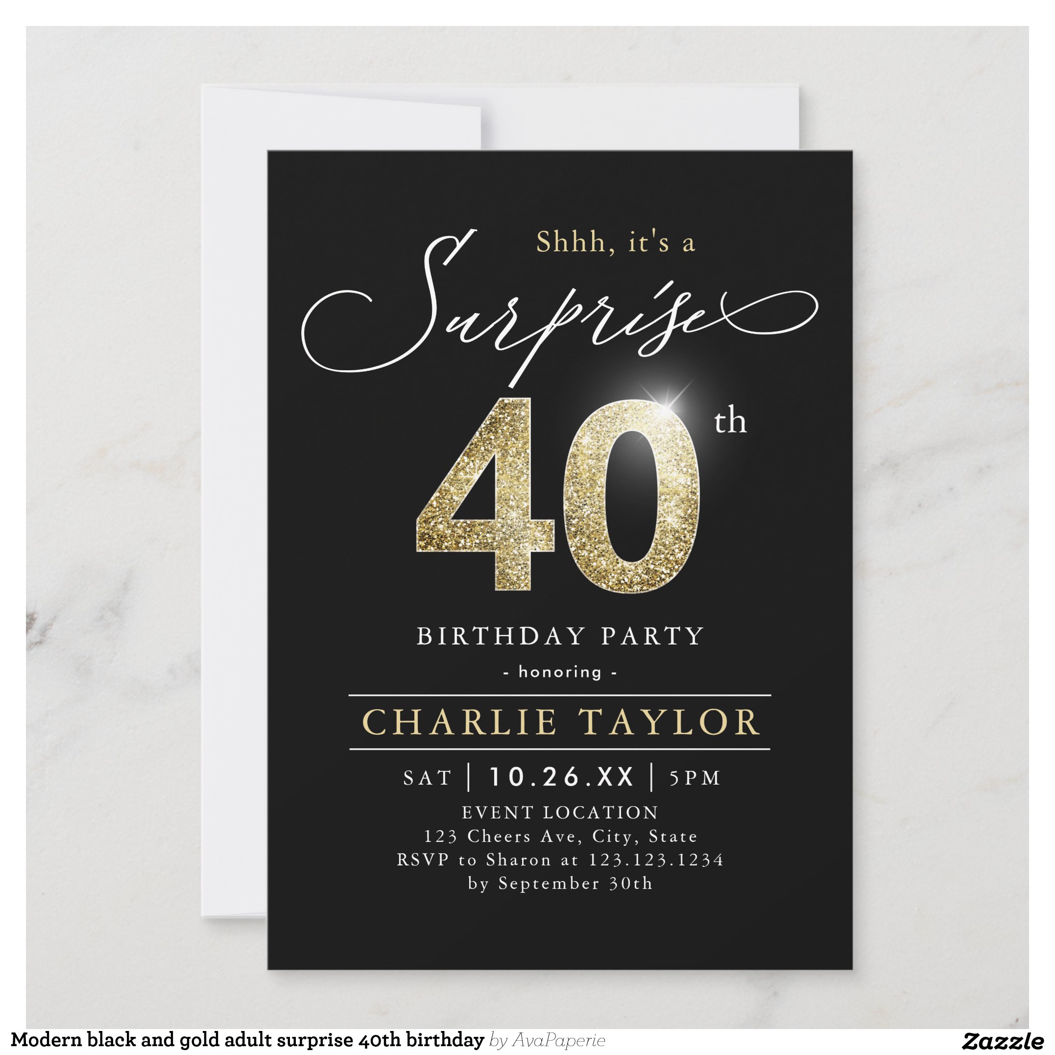 Modern black and gold adult surprise 40th birthday invitation