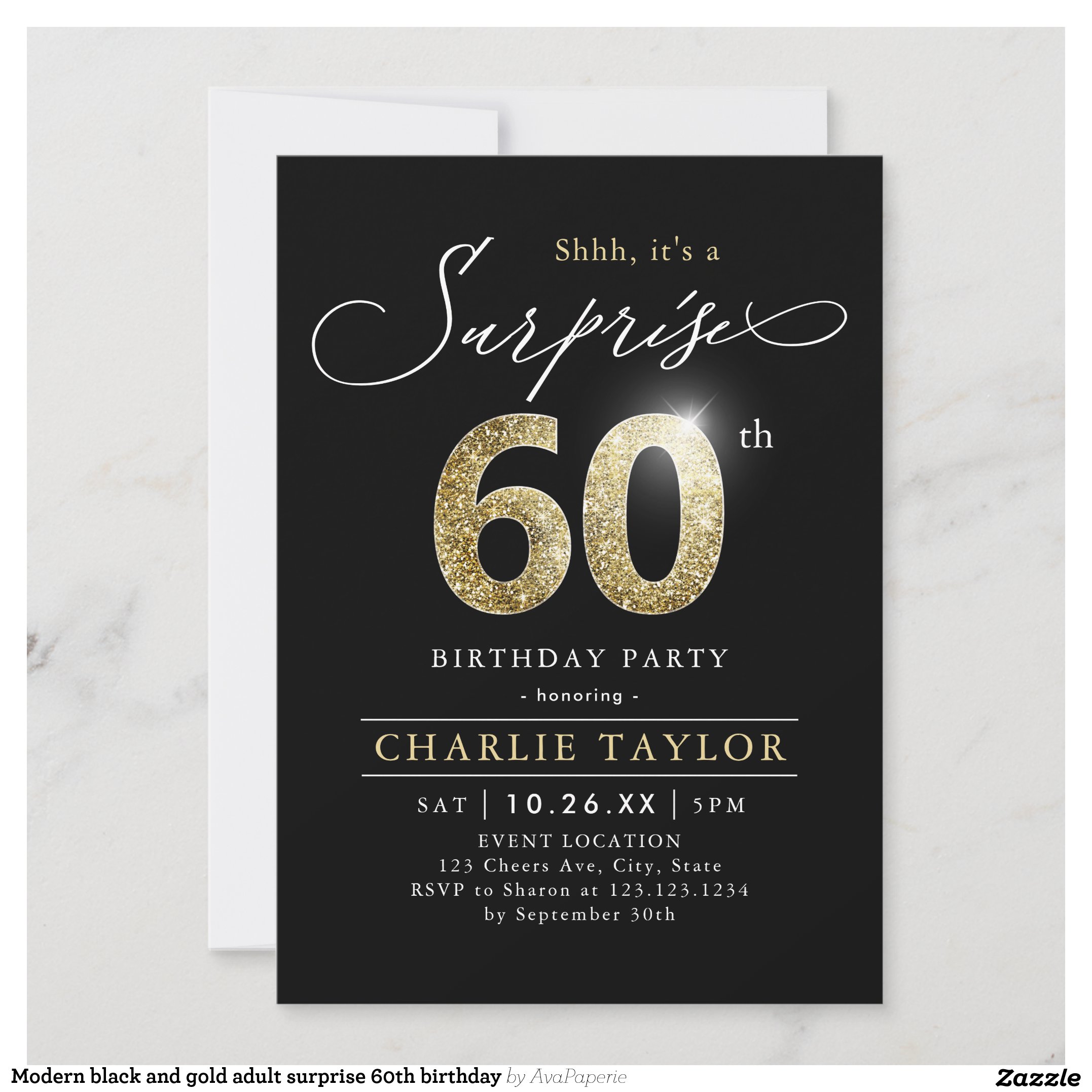 Modern black and gold adult surprise 60th birthday invitation