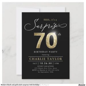 Modern black and gold adult surprise 70th birthday invitation
