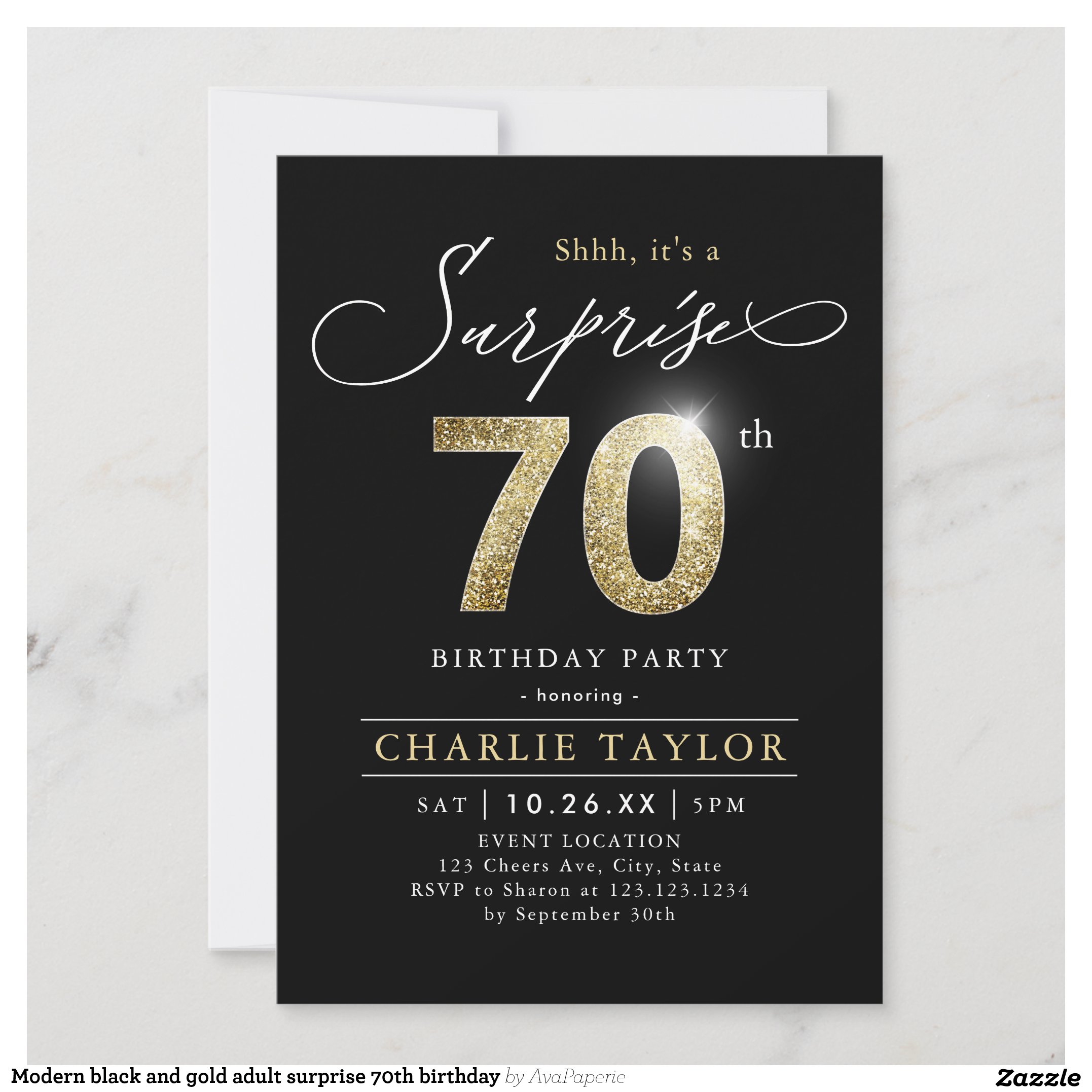 Modern black and gold adult surprise 70th birthday invitation