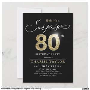 Modern black and gold adult surprise 80th birthday invitation