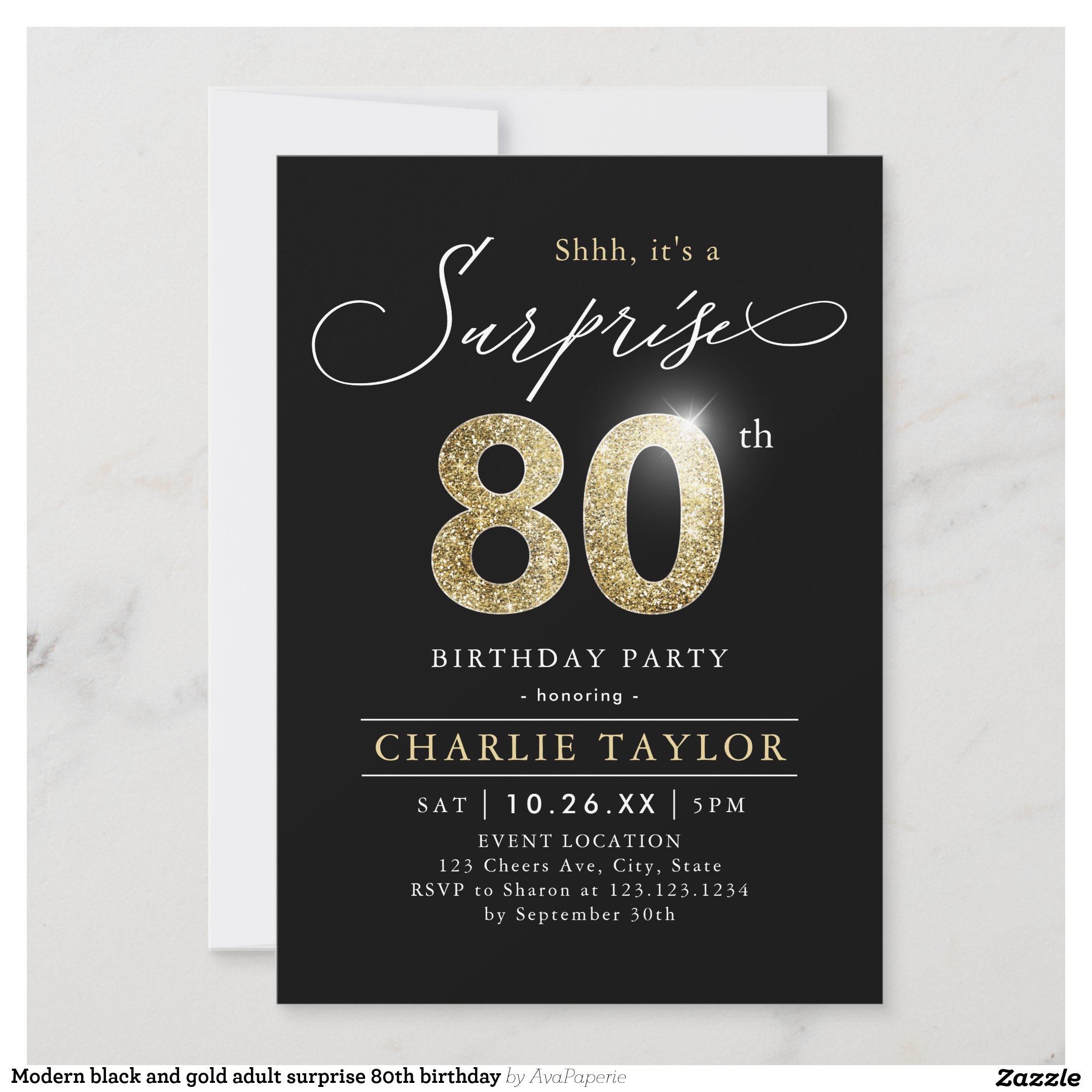 Modern black and gold adult surprise 80th birthday invitation