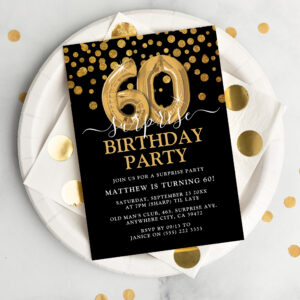 Modern Black & Gold 60th Surprise Birthday Party Invitation