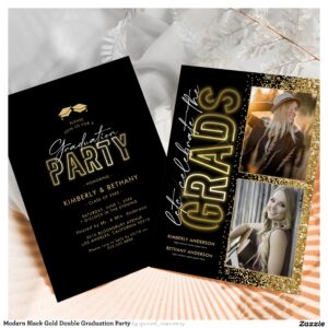 Modern Black Gold Double Graduation Party Invitation