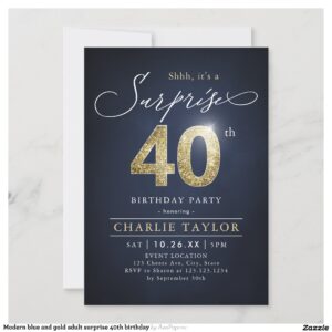 Modern blue and gold adult surprise 40th birthday invitation