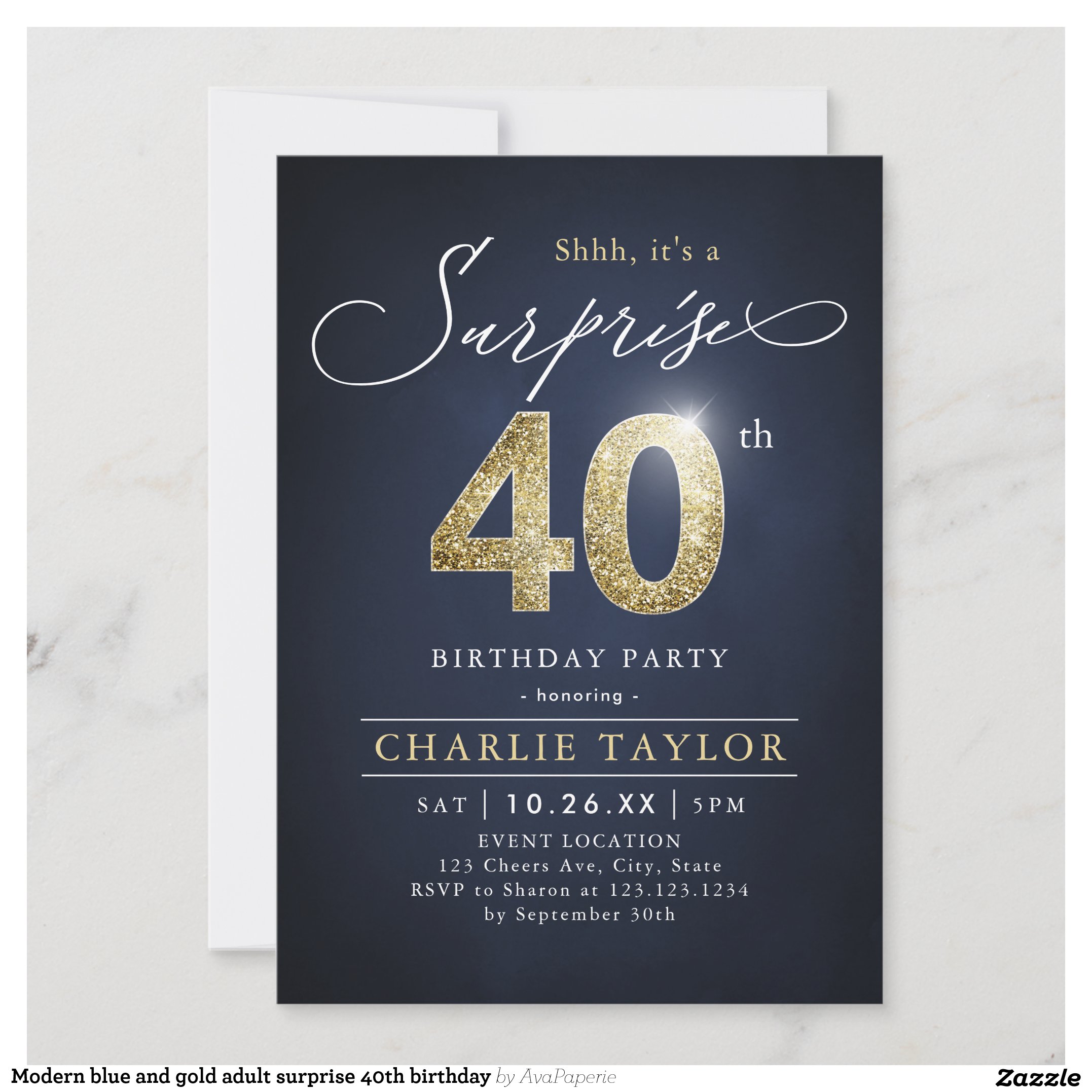 Modern blue and gold adult surprise 40th birthday invitation