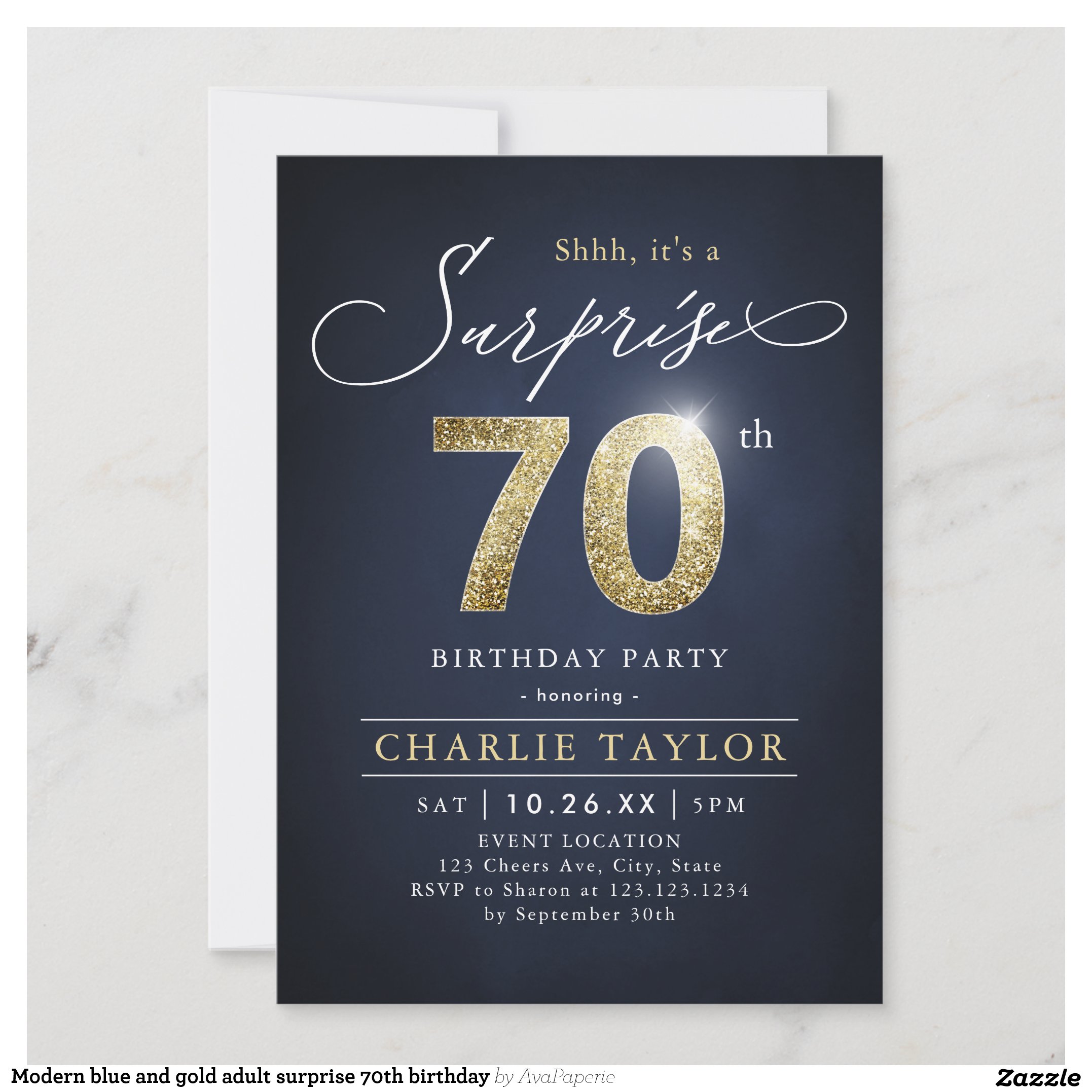 Modern blue and gold adult surprise 70th birthday invitation