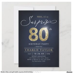 Modern blue and gold adult surprise 80th birthday invitation