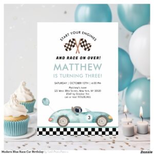 Modern Blue Race Car Birthday Invitation