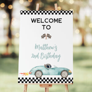 Modern Blue Race Car Birthday Welcome Foam Board
