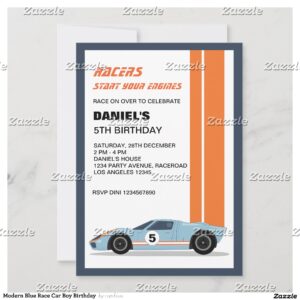 Modern Blue Race Car Boy Birthday  Invitation