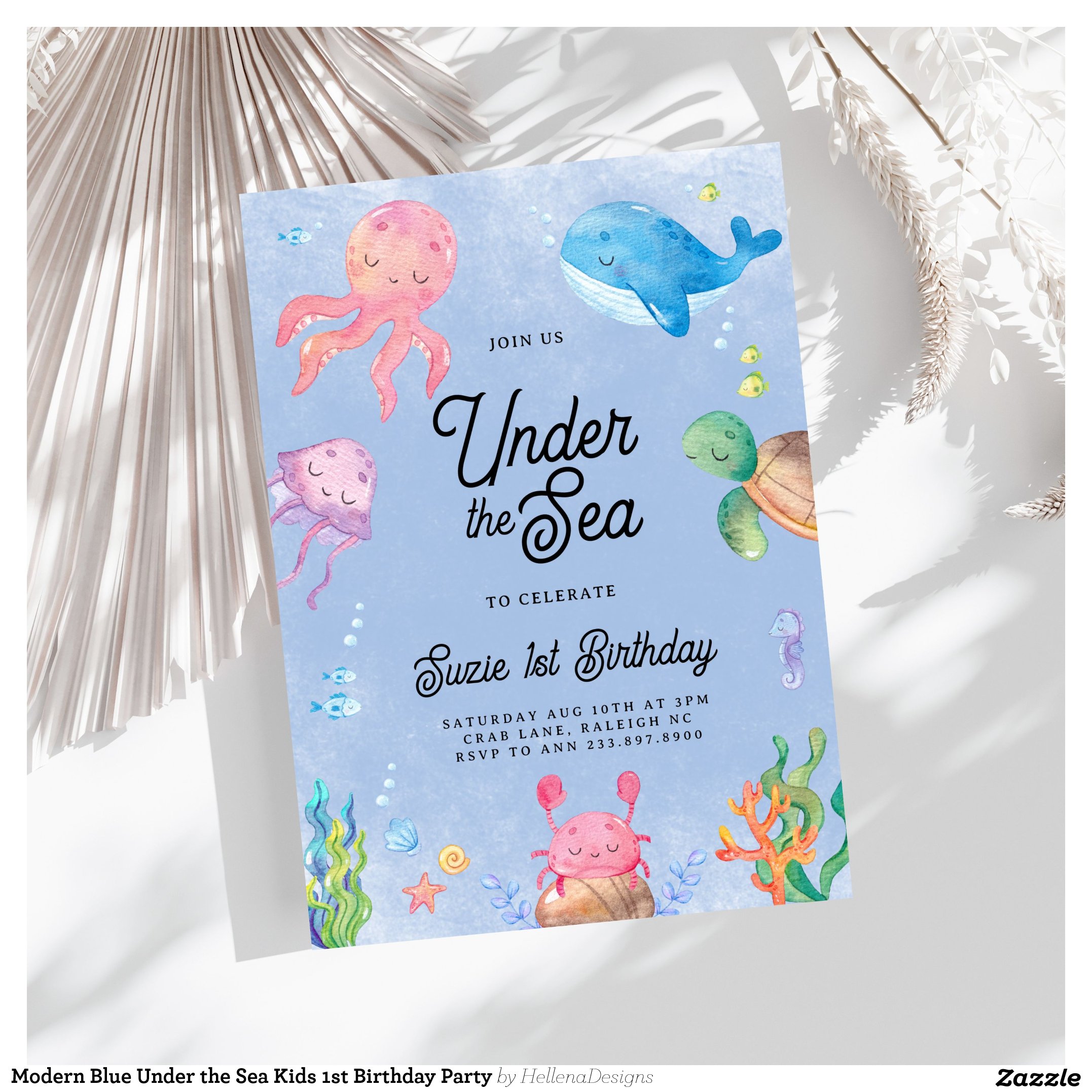 Modern Blue Under the Sea Kids 1st Birthday Party Invitation